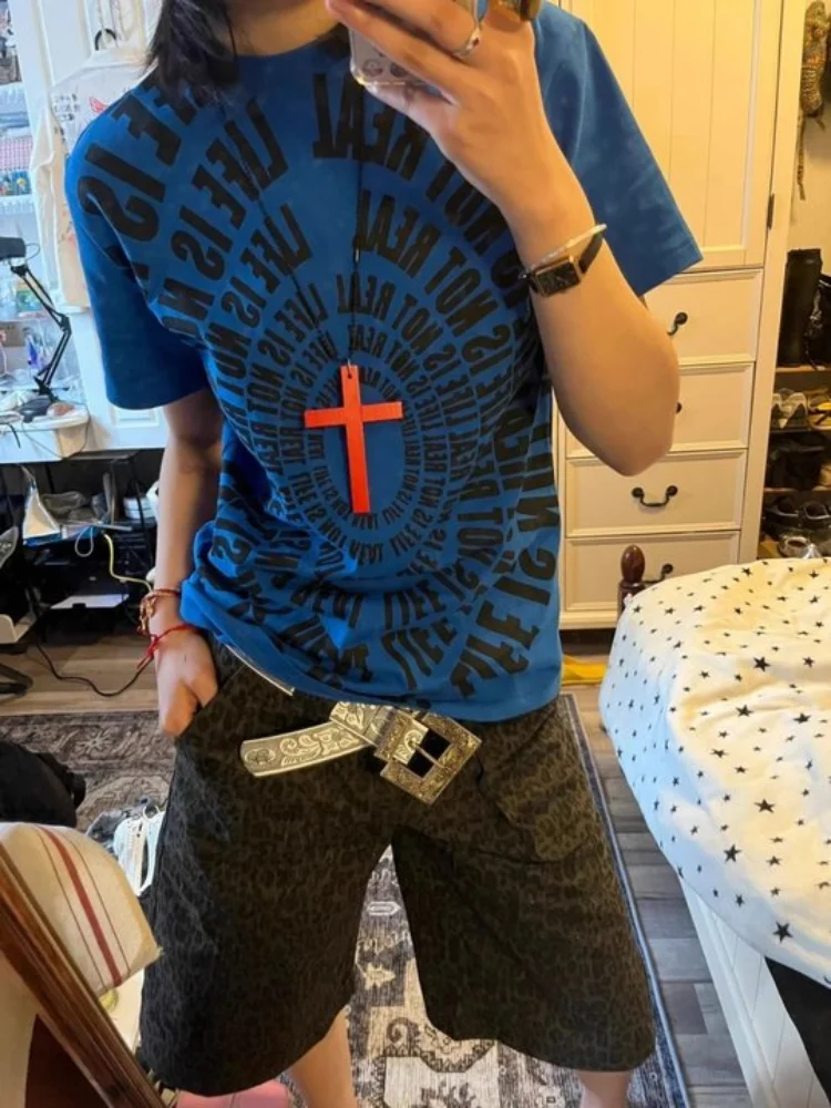

American retro hot girl trend women's short sleeved T-shirt summer Y2K Harajuku punk rock slim fit blue subculture women's top