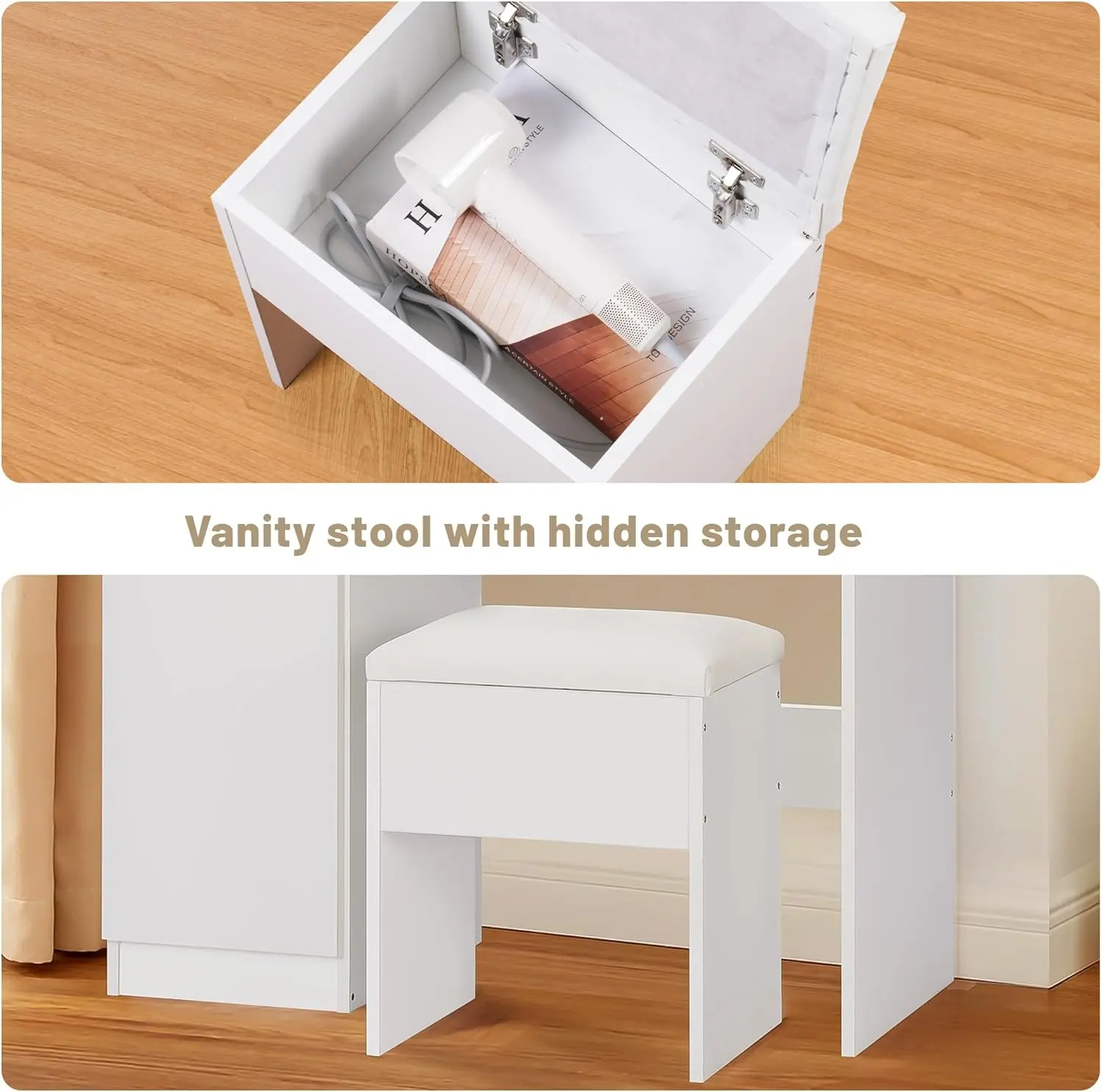 Meja Rias dengan Cermin dan Lampu LED, Meja Rias Rias dengan Stasiun Pengisian Daya, Laci Penyimpanan, Rak, Kabinet yang Dapat Disesuaikan