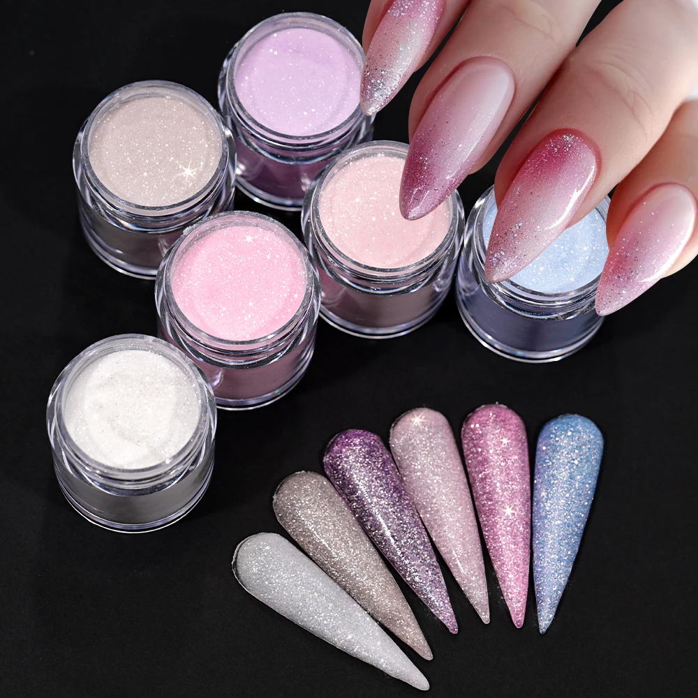 Poudre acrylique pailletée pour extensions d'ongles, 6 pots de 7g, disponible en bleu, rose, violet, pour manucure française