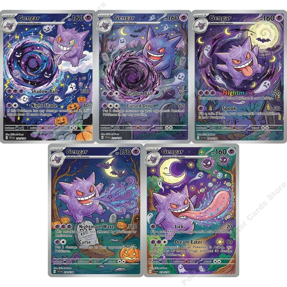5Pcs PTCG Cards Gengar Children Hand Drawn Painting Art Anime Trading Cards Game Hobby PTCG Collection PTCG Cards Toy Gift