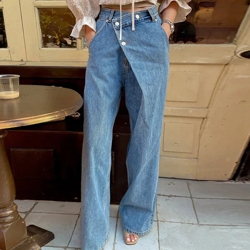 

SuperAen Korea Chic 2024 Autumn Retro High Waist Irregular Buckle Design Fashion Wide Leg Jeans Pants Women