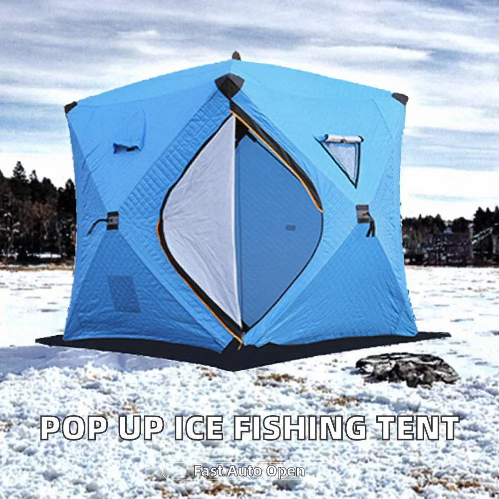 Ice Fishing Shelter, Waterproof Insulated Tent, Rectangular 4-Season Outdoor Hiking Camp, Automatic Setup Cube Winter Gear