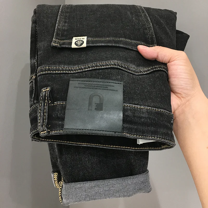 Celana Jeans biru pria, celana panjang regang kurus Slim Fit pria baru 2024