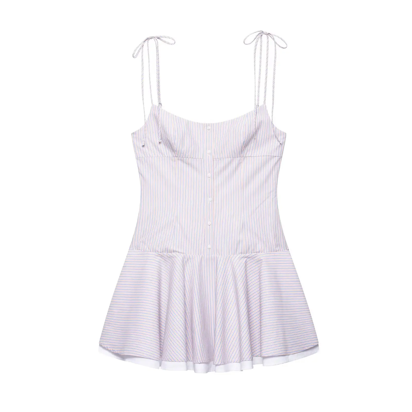 

BM&MD&ZA Ladies Striped Spaghetti Strap Mini Dress with Hem Pleated Puff Skirt Design Button Front and Tie Shoulder Details