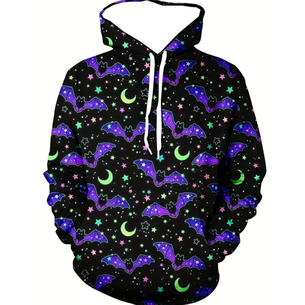 Men's Halloween Bat Moon Star 3D Print Hoodie Gothic Spooky Pattern Pullover Sweatshirt for Casual Party Streetwear
