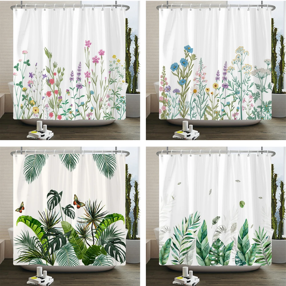 Green Leaves Flowers Shower Curtains Watercolor Boho Floral Waterproof Morden Bathroom Bathtub Curtain Room Decor With Hooks