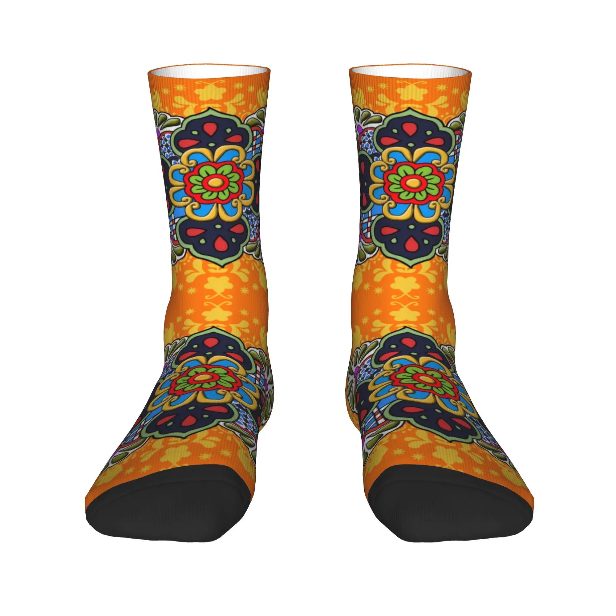 Custom Mexican Talavera Flower Ceramic Tile Men's Crew Socks Unisex Cool  Spring Summer Autumn Winter Dress Socks view 2