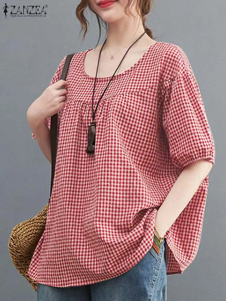 ZANZEA Fashion Summer Half Sleeve O Neck Blouse Women Grid Printed Shirt Pleated Blusas Elegnat Work Tops Casual Loose Chemise