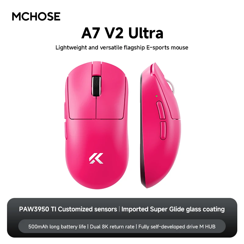 MCHOSE A7 V2 Ultra Gaming Muis PAW3950 TI Sensor Dual 8000Hz 20000fps 42000DPI 750IPS Geïmporteerde Super Glide Glas Coating CSGO