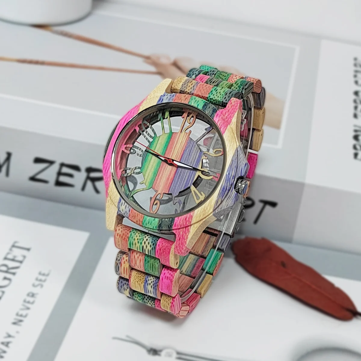 Men\'s Colorful Bamboo Quartz Watch Fashion Transparent Hollow Watch Timepieces Wooden Wrist Watches For Men reloj hombre