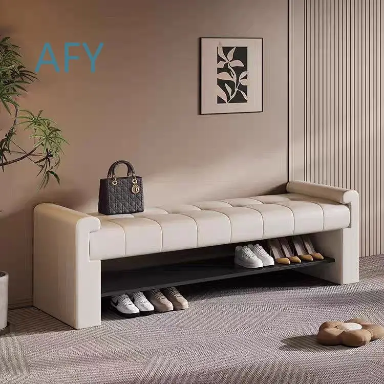 Leather Bench with Shoe Storage for Bedroom Hallway Entryway Upholstered Ottoman Stool Long Shoe Rack Multi-Functional