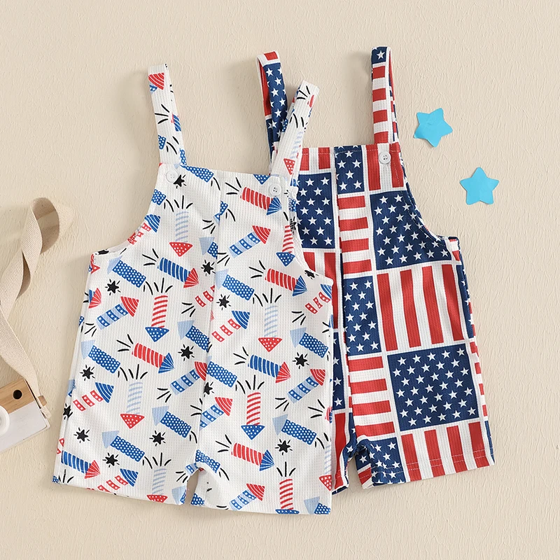 

2025-02-06 Lioraitiin Baby Boys Girls 4th of July Overall Shorts Firework/US Flag Print Sleeveless Square Neck Jumpsuit