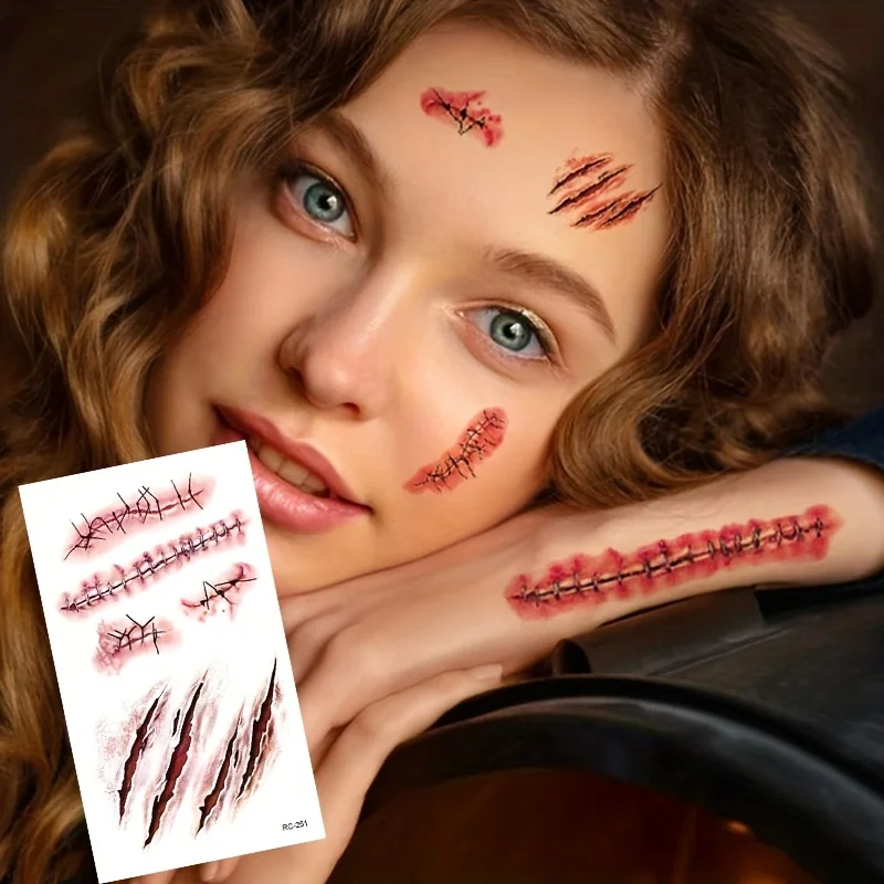 5/10 Stück 3D Fake Narben-Tattoo-Aufkleber Halloween Krusten Blutiges Make-up Körper Gesicht Realistische Wunde Gruseliger Aufkleber Scherzartikel Party-Deko – Detail 8