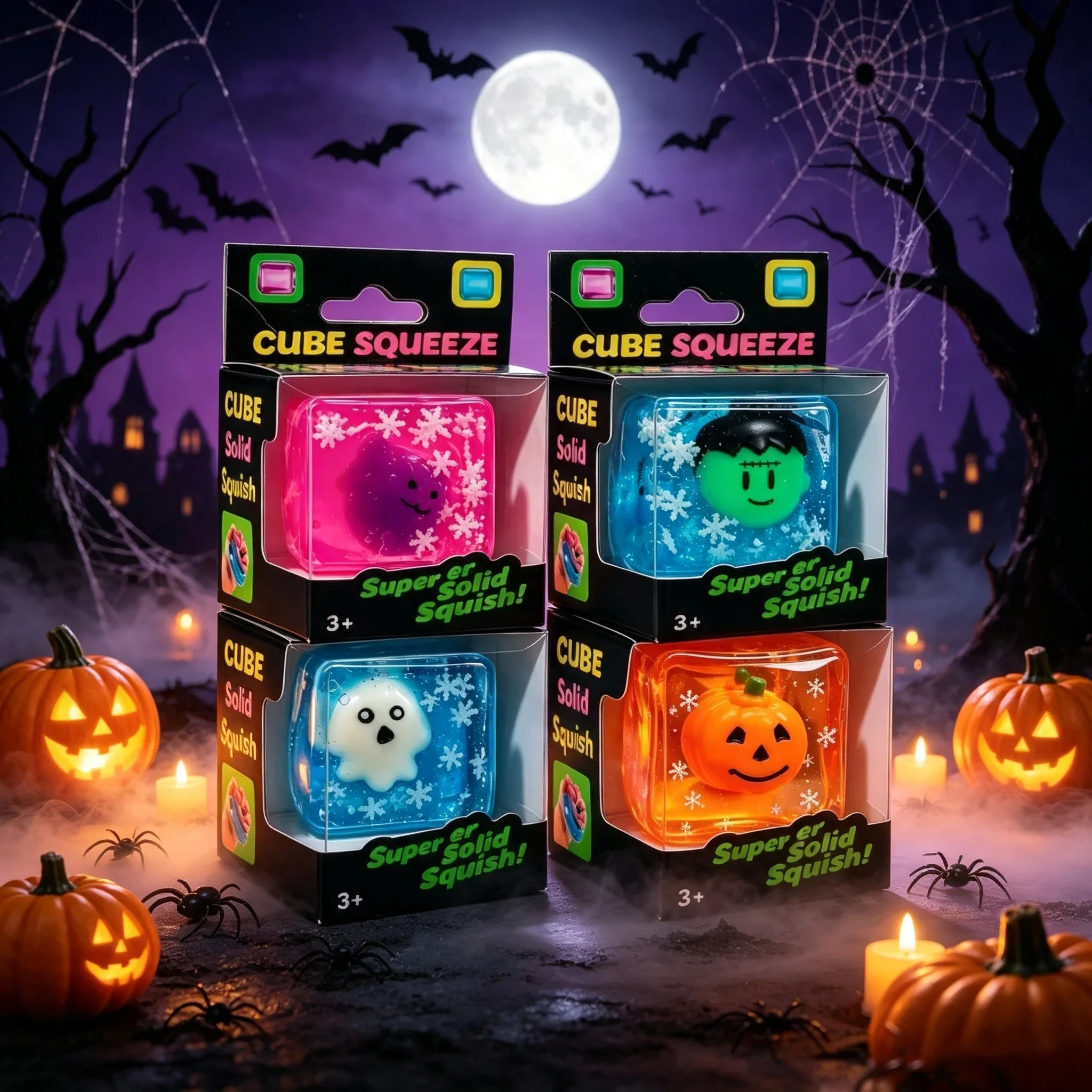 2026 New Luminous Halloween Spooky Squishy Cubes, Cartoon Characters Soft Squeeze ASMR Decompression Party Favor Gifts