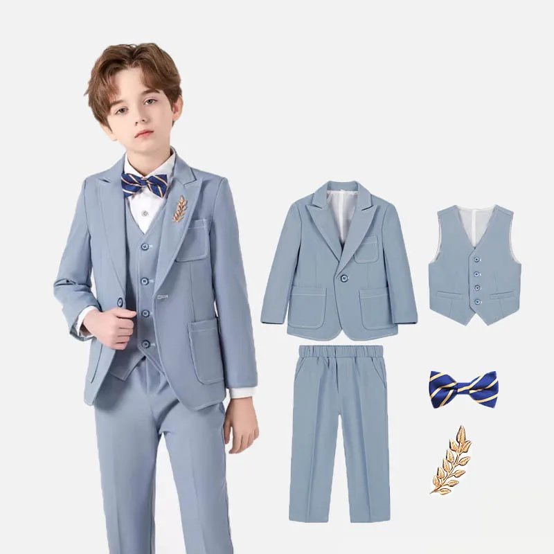 

5Pieces Jacket Vest Pants Bowtie Brooch Kids Photograph Suit Children Easter Church Ceremony Dress Boys Birthday Party Costume