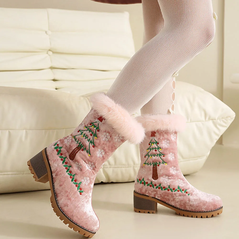 

New Cute Lori Christmas Tree Embroidery Women's Short Boots Fashion Round Toe Chunky Heel Warm Winter Christmas Snow Boots