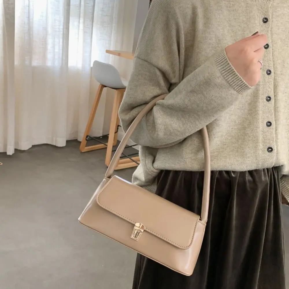 Casual Solid Color Underarm Bag Metal Buckle Hand Bag Luxury Messenger Bag Pu Leather Retro Shoulder Bag Daily