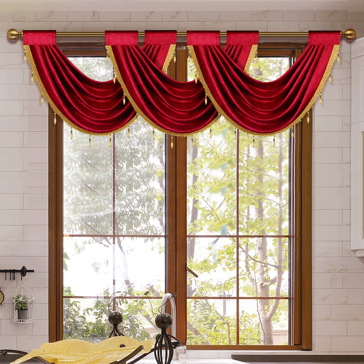 1pc European Luxury Style Curtain Valance for Living Room，Rod Pocket，Morden Pure Color Valance with Beads,Window and Door Decor