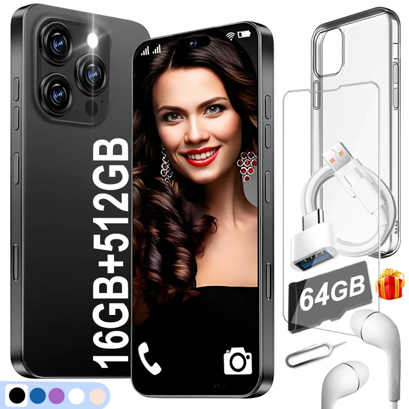 Смартфон i16 Pro Max и набор TF-карт 64 ГБ для Android, сотовый телефон FHD 6,99 дюйма, приложение для магазинаGoodplay, Dual SIM Wi-Fi GPS, 16 ГБ + 512 ГБ