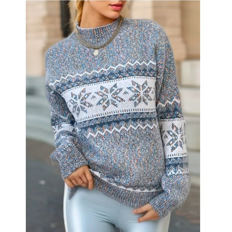 Fall Winter Christmas Sweater Half High Round Neck Snowflake Pattern Knitter Long Sleeve Women Knit Pullover