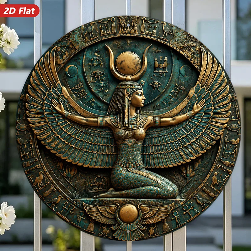 2D Flat, 1pc Egyptian Winged Goddess Round Metal Sign Wall Art, Home Decor, Golden And Teal Hieroglyphic Relief, Lunar Disk Crow