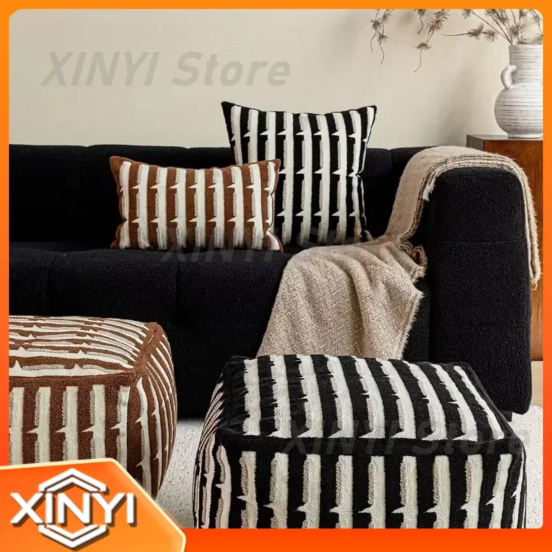 Mid-Century Black Striped Floor Cushion for Living Room Lounge Sofa Ottoman Pouf Footstool Multi-Purpose Tufted Seating Home