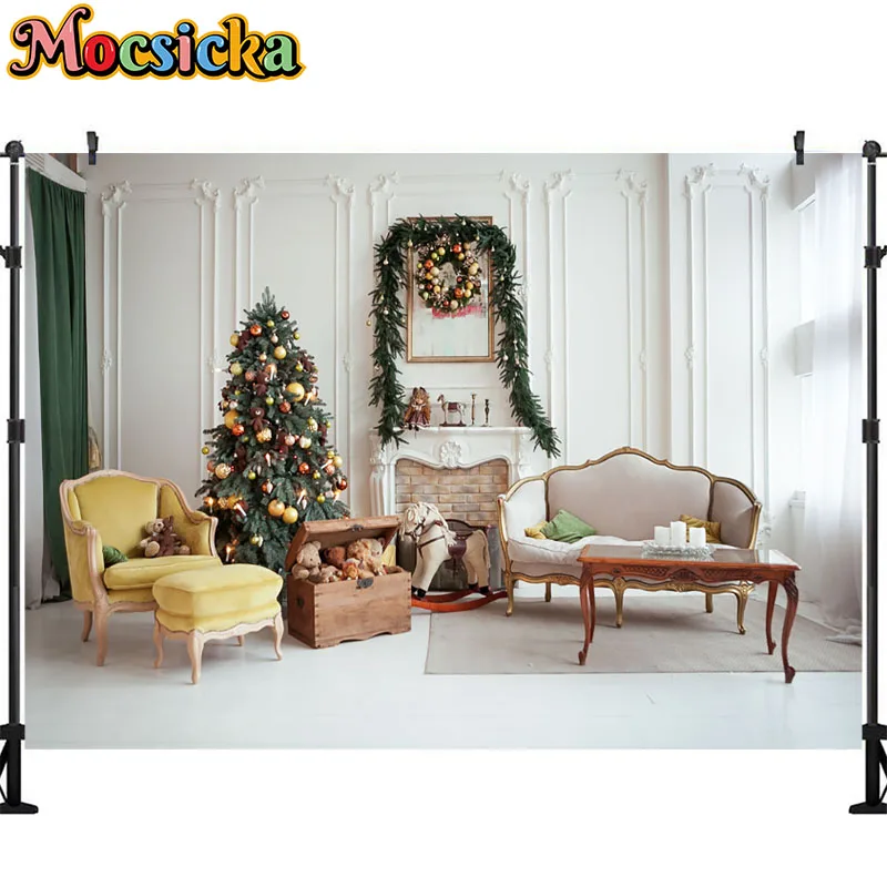 Christmas Photography Background Christmas Tree Presents Santa Claus Fireplace Winter Snow Home Party Baby Photo Background