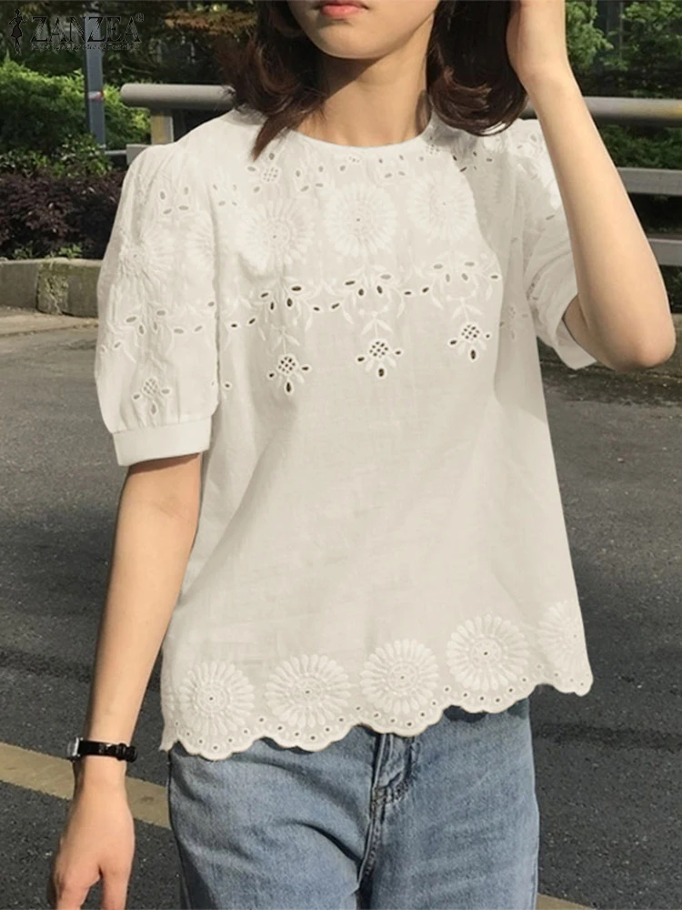 2025 ZANZEA الصيف الدانتيل الكروشيه قمصان المرأة أنيقة العمل بلوزة عادية س الرقبة قصيرة الأكمام عطلة Blusas المرقعة القمم تونك