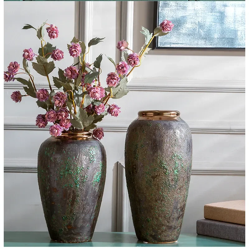 for European Retro Rough Ceramic Vase with Dried Flower Countertop Pot Ornament Home Soft Decoration Handicraft Jar Tank