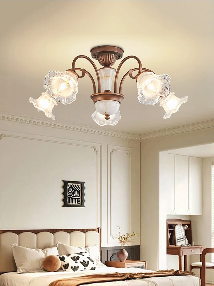 Living Room European High-End Glass Flower Bedroom Dining Room Ceiling Light Jade Material American Retro Luxury Ceiling Light