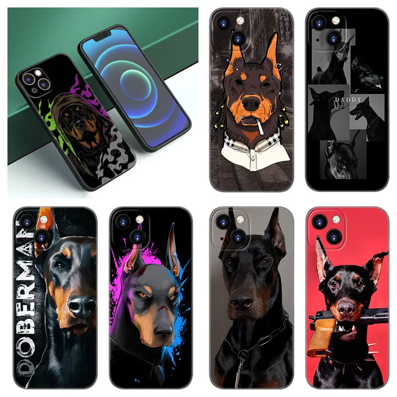 Animal Doberman Dog Phone Case For Apple iPhone 12 13 Mini 11 14 15 Pro Max 7 8 Plus X XR XS SE 2020 2022 Black Silicone Case