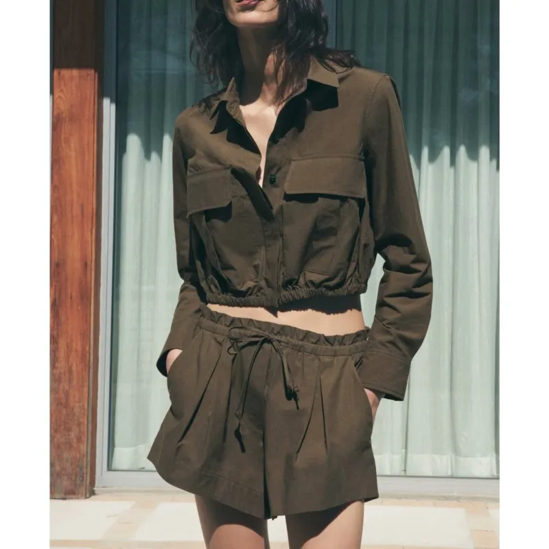 

HipSeam Pleated Shorts Set With Drawstring Spring Women Casual 2 Piece Pocket Short Sleeve Shirt Two Piece Set Women Outfit