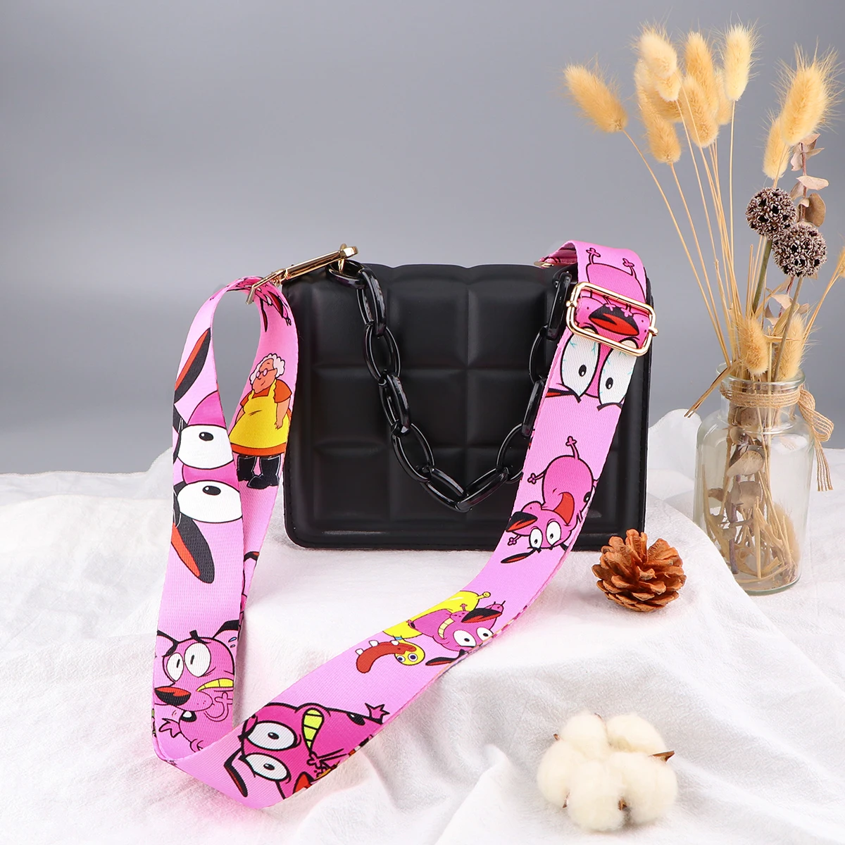 Alça de bolsa larga ajustável Pink Dog para mulheres, alças de bolsa de ombro, bolsas crossbody, acessórios de moda, desenhos animados adoráveis