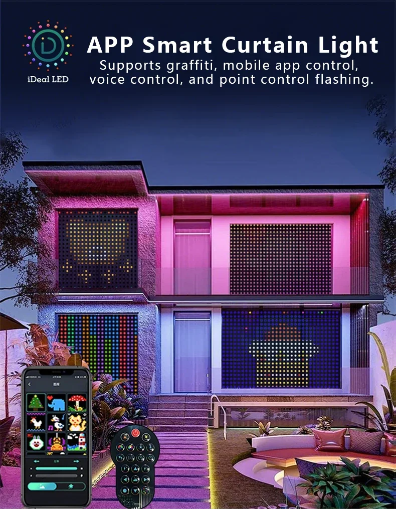 LED Smart Curtain Lights RGBIC String Lights USB Charging App Control DIY Pattern Music Sync for Bedroom Outdoor Party Lighting