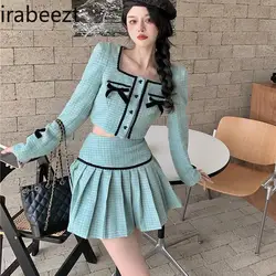 Short Small Coat Women's Two Single Piece Set New Plaid French Temperament Square Collar Slim Bow Top Elegant Skirt Sets