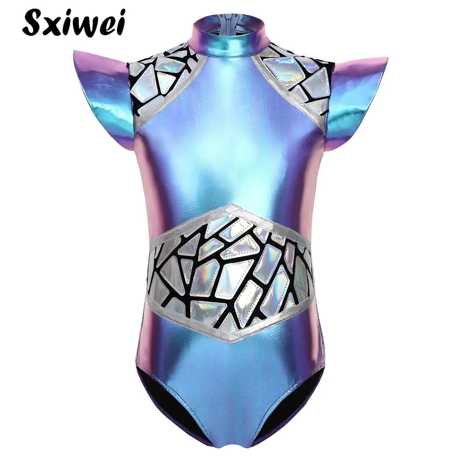 Silver Astronaut Costume Girls Alien Outerspace Space Leotard Cadet Jumpsuit Metallic Shiny Sequin Fly Sleeve Back Zip Bodysuit