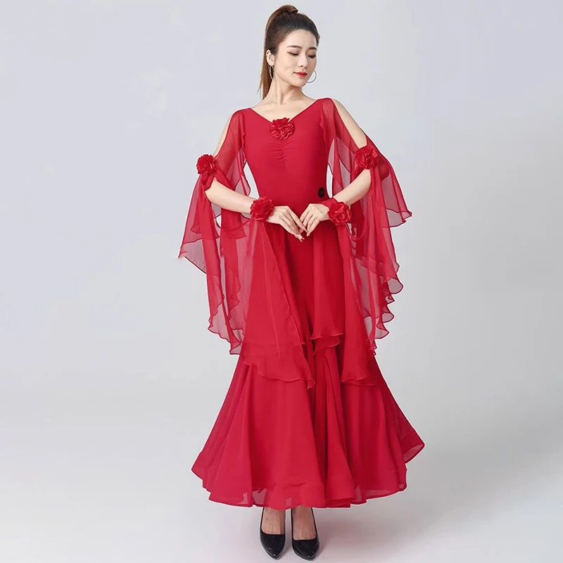 New Modern Dance Dress Elegant Flower Floating Sleeves Women Ballroom Dance Costume Big Swing  Party Waltz Performance Clothes