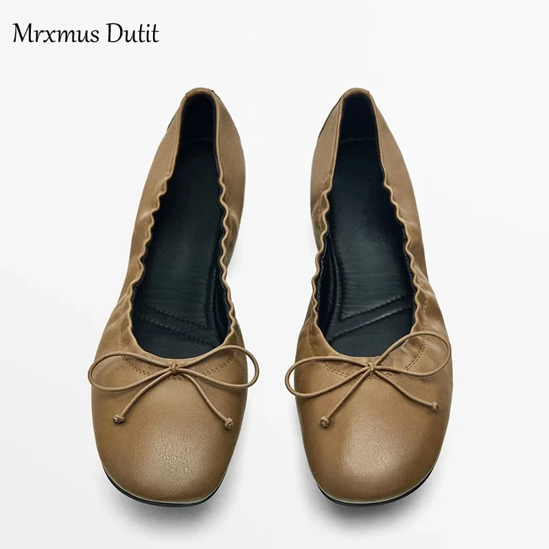 Mrxmus Dutit Fashionable Leather Square Toe Shallow Cut Flat Shoes 2024 Summer New Brown Retro Pleated Details Flat Ballet Shoes