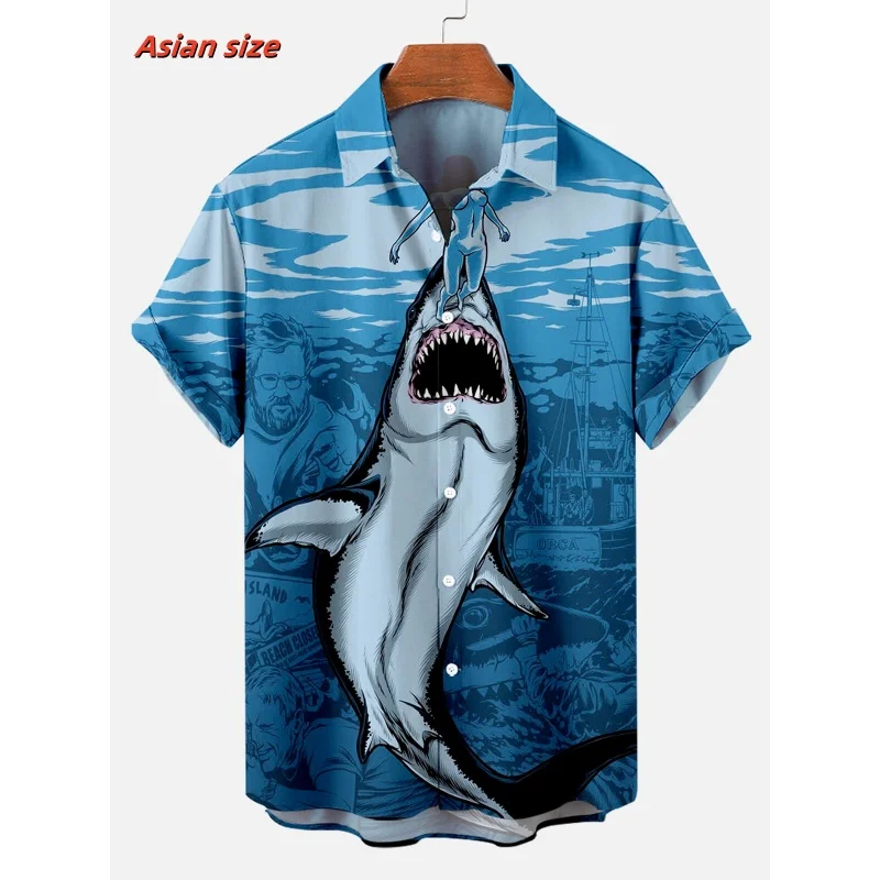 Cool Marine Animals Pattern Hawaiian Shirt For Men Shark Tentacles 3D Printed Short Sleeves Casual Lapel Aloha Shirts Blouses