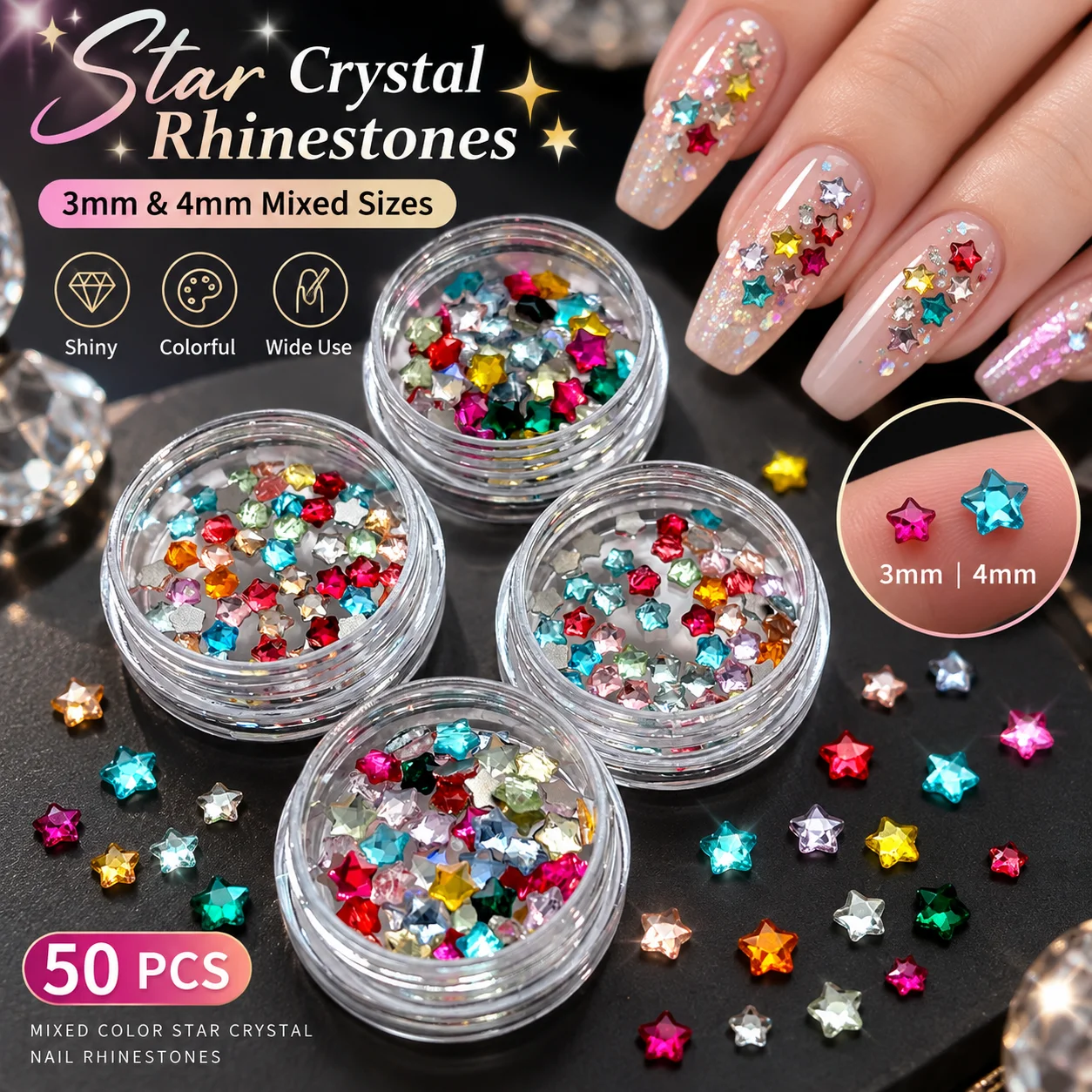 50Pcs Mixed Color Star Crystal Nail Rhinestones 3mm 4mm Flatback Glitter Gems 3D Nail Art Decorations DIY Manicure Accessories