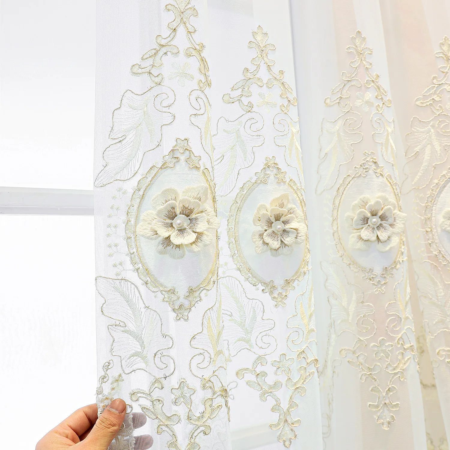 Luxury European Embroidered Sheer Curtain with 3D Relief Floral Pattern Elegant Window Drapes for Living Room & Bedroom