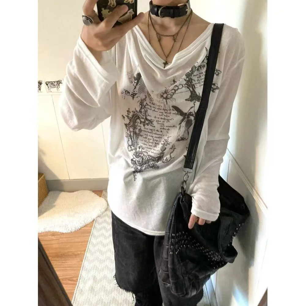 Y2K Grunge Cow Print Long Sleeve T Shirt Women Vintage Drape Neck Loose White Tops Gothic Aesthetic Casual Fairy Grunge Street