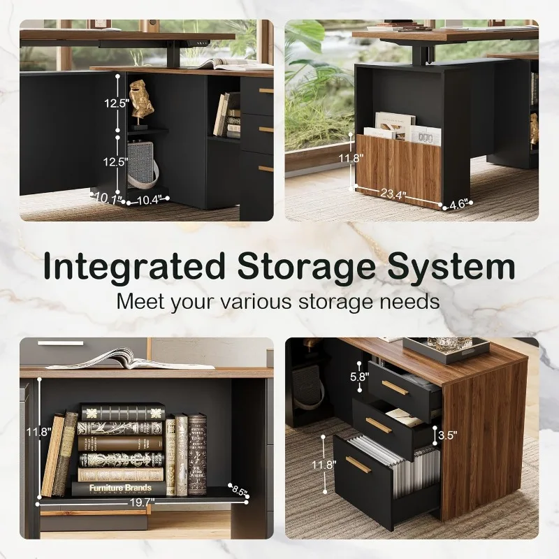 مكتب قائم مقاس 63 بوصة مع خزانة ملفات، لوحة خصوصية، تيار متردد/USB، سطح مكتب مقاس 1.18 بوصة، حامل كهربائي قابل للتعديل على شكل حرف L