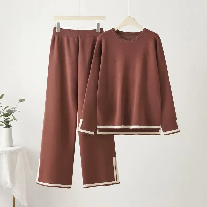 

New Set 2 Pieces Long Sleeve Knitted Sweater Top Wide Leg Pants Casual Set Comfortable Breathable Women's Wear E12011