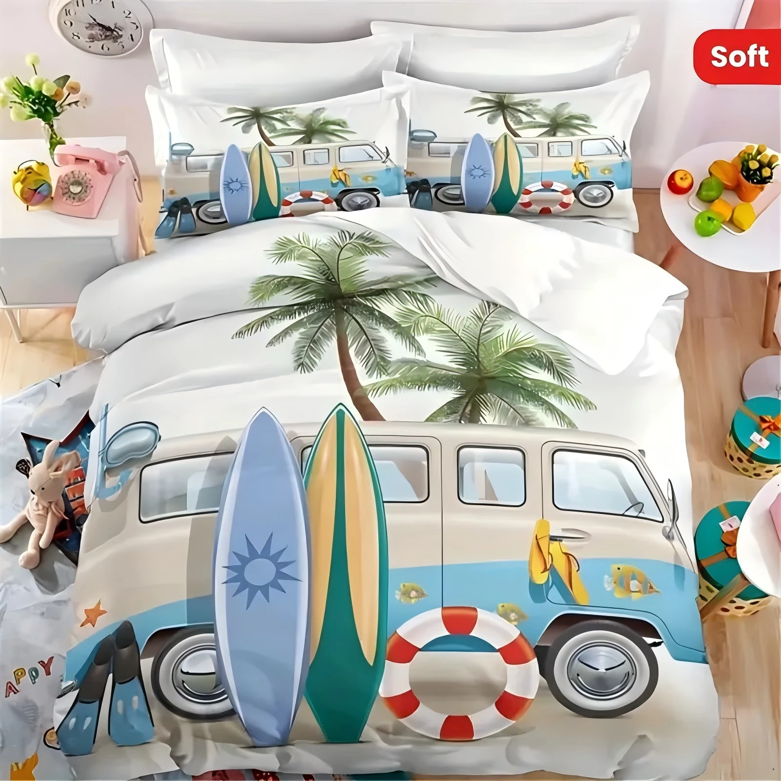 3d impresso ônibus prancha de surf com padrão palmeira capa cama fronha luxo têxteis para casa dos desenhos animados acampamento carro conjuntos capa edredão
