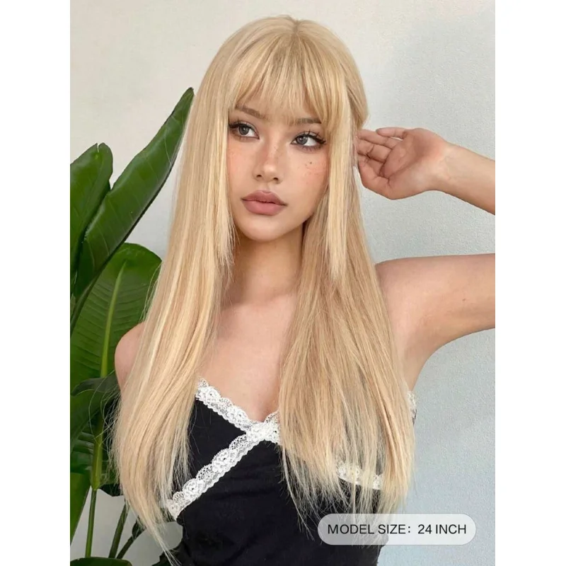 

Blonde Long Straight Synthetic Heat Resistant Wig With Bangs For Women Cosplay Party