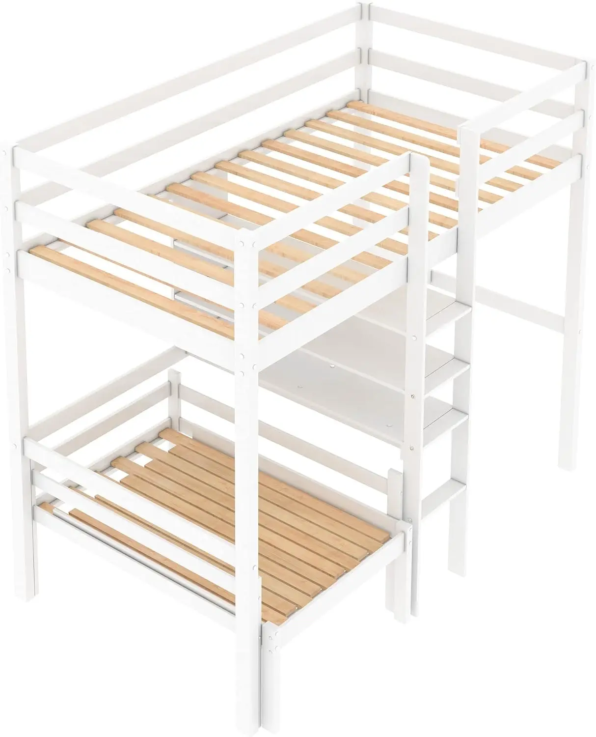 

Twin Size Loft Bed with Desk, Convertible Wood Bunk Bed with Storage Shelves and Ladder