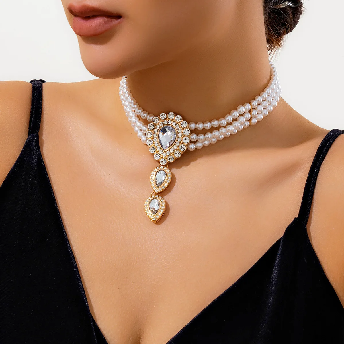 Women\'s Fashion Jewelry Faux Pearls Diamonds Gemstone Necklace Bracelet Set Vintage Style Necklace Girls Party Accessory Gift