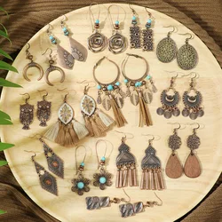 Vintage Bohemian Geometric Brown Dangle Earrings for Women Fashion Ethnic Temperament Flower Water Drop Tassel Earring Jewelry