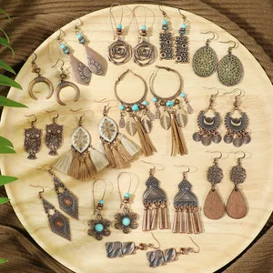 ヴィンテージボヘミアン幾何学的茶色のぶら下がった女性のためのファッション民族気質花の水滴タッセルイヤリングジュエリー 8ベストセールスヒッピーイヤリング-8